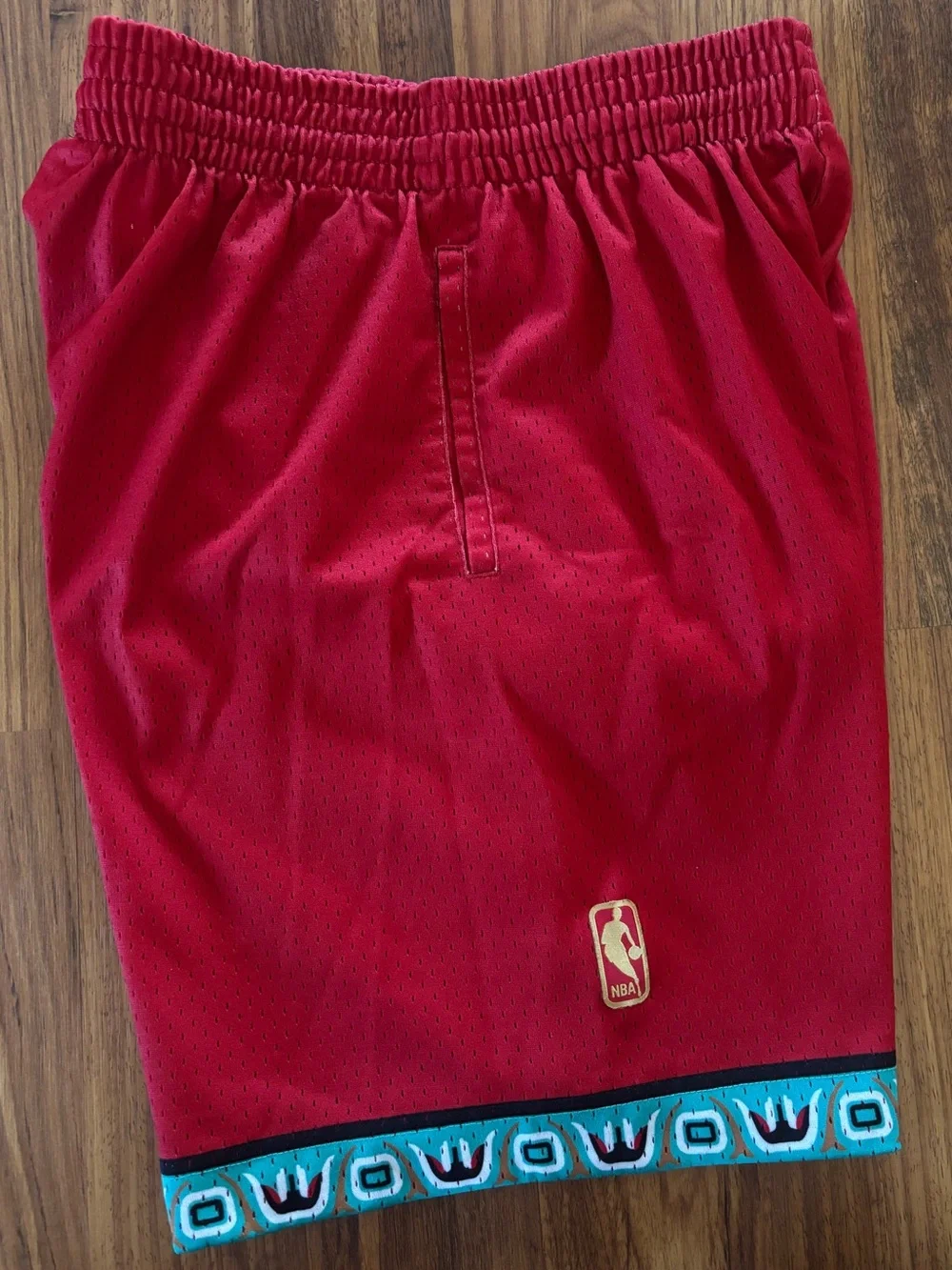 Mitchell & Ness Red Basketball Shorts with Bear & Blue Trim
